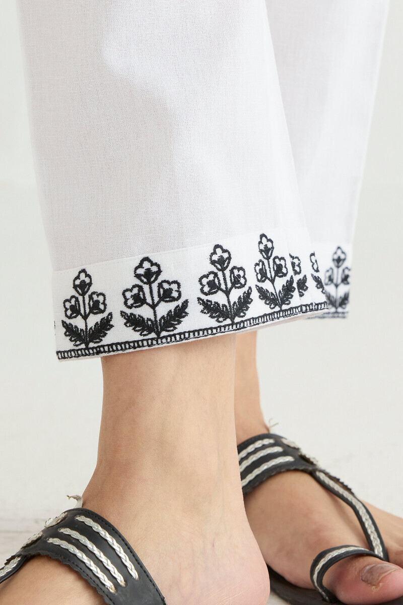 White Handcrafted Cotton Flax Narrow Pants
