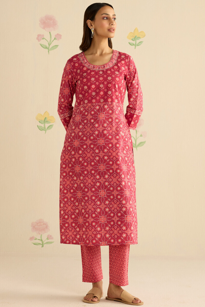 Pink Hand Printed Straight Cotton Kurta