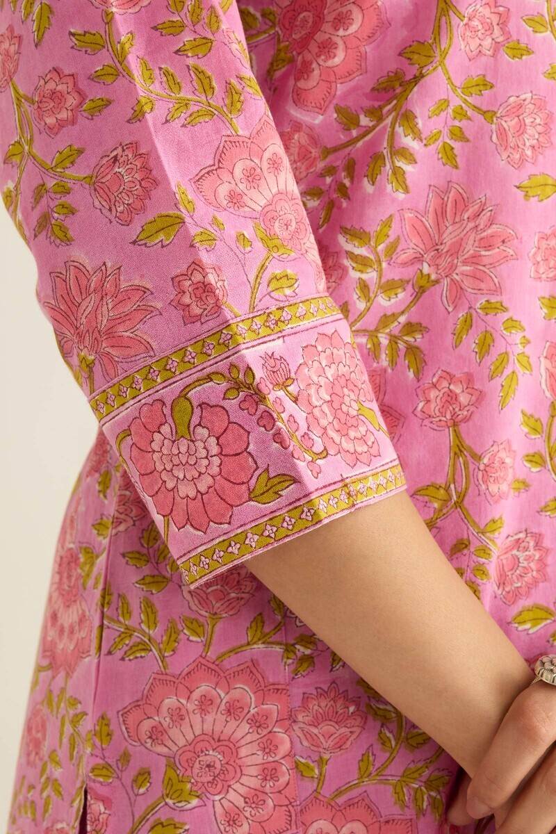 Purple Hand Block Printed Straight Cotton Kurta