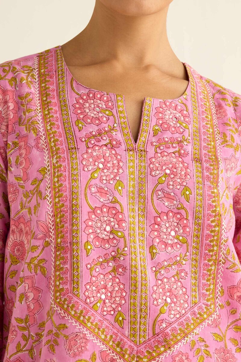 Purple Hand Block Printed Cotton Kaftan