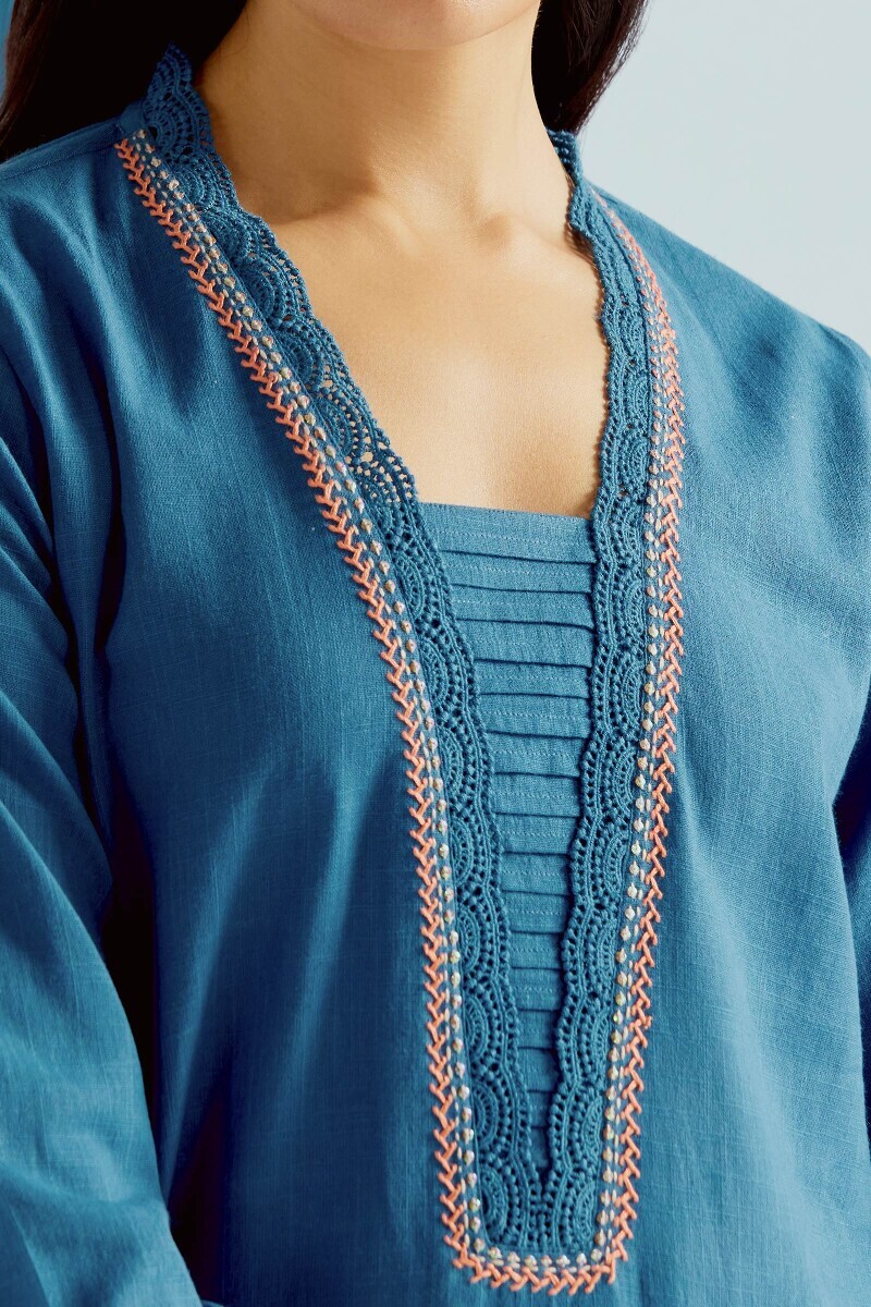 Blue Handcrafted Straight Gauze Slub Kurta