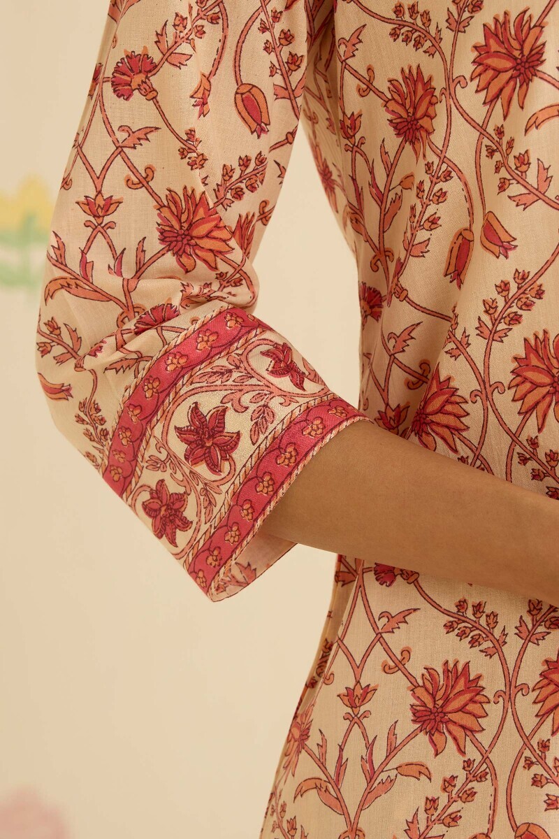 Cream Hand Printed Cotton Loungewear Set