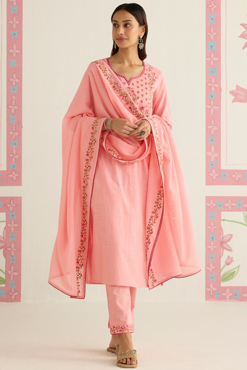 Pink Handcrafted Gauze Slub Narrow Pants
