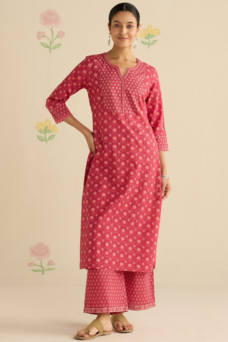 Pink Hand Printed Straight Cotton Kurta