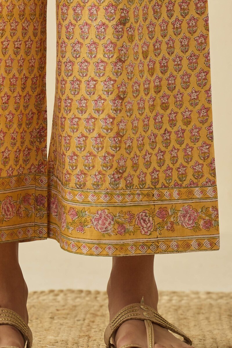 Yellow Hand Block Printed Cotton Slub Farsi