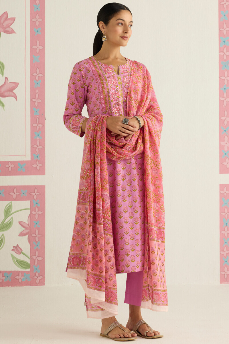 Purple Hand Block Printed Straight Cotton Kurta