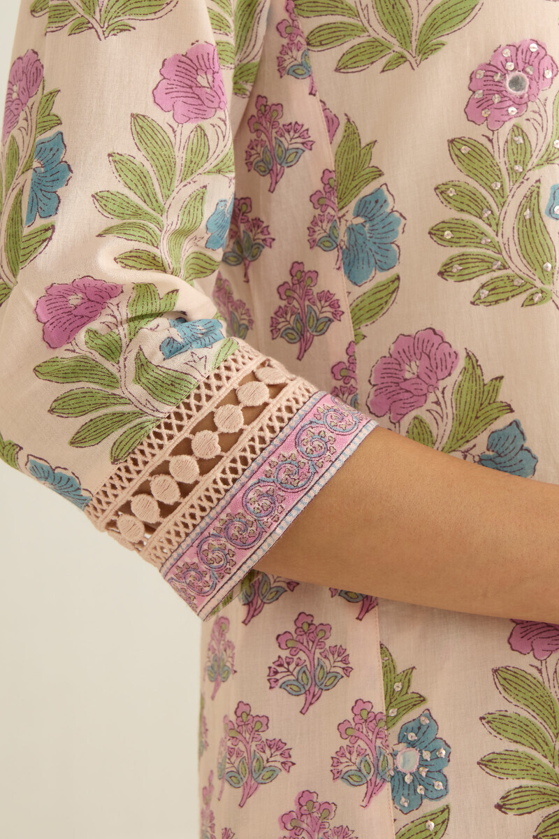 Off-White Hand Block Printed Straight Cotton Kurta