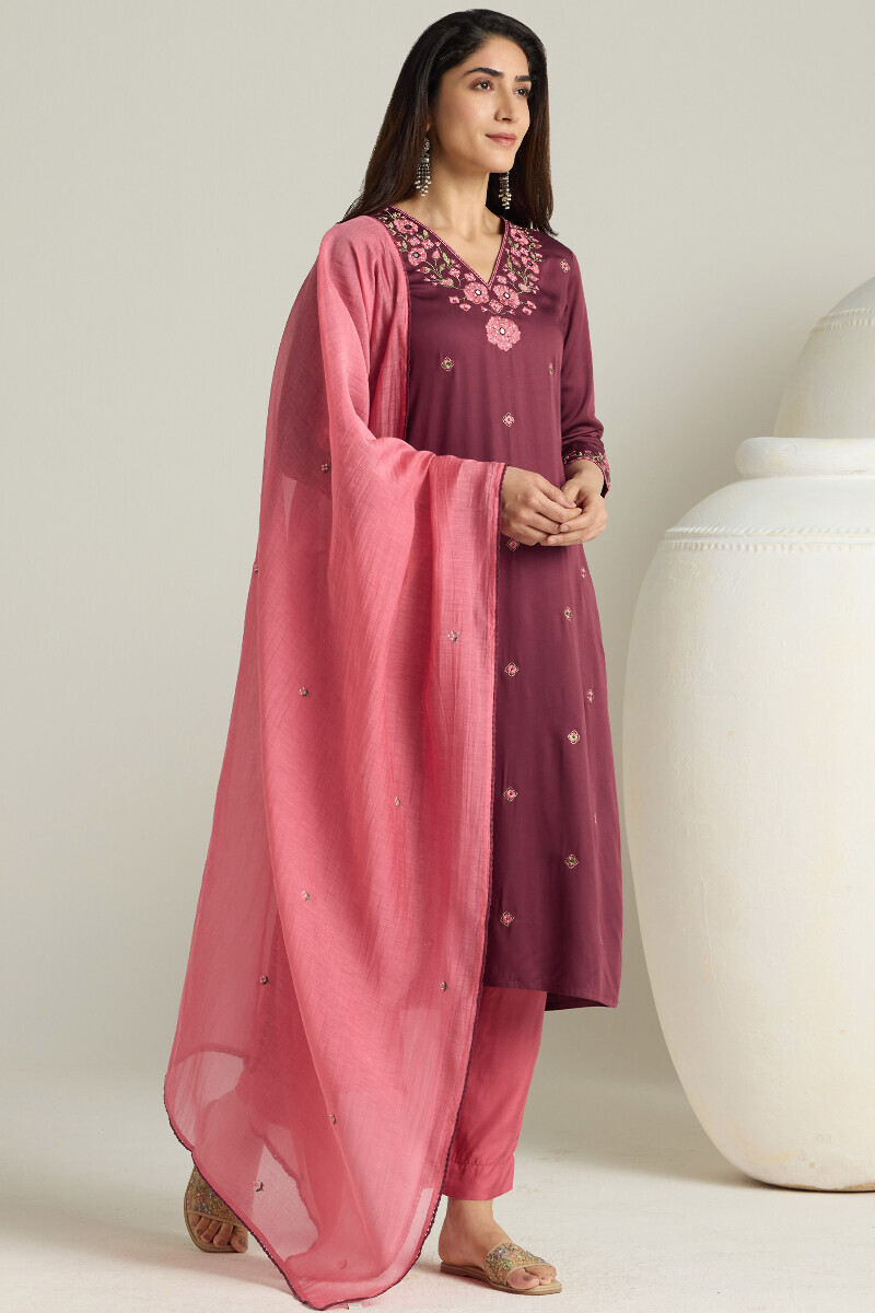 Purple Handcrafted Straight Modal Satin Kurta