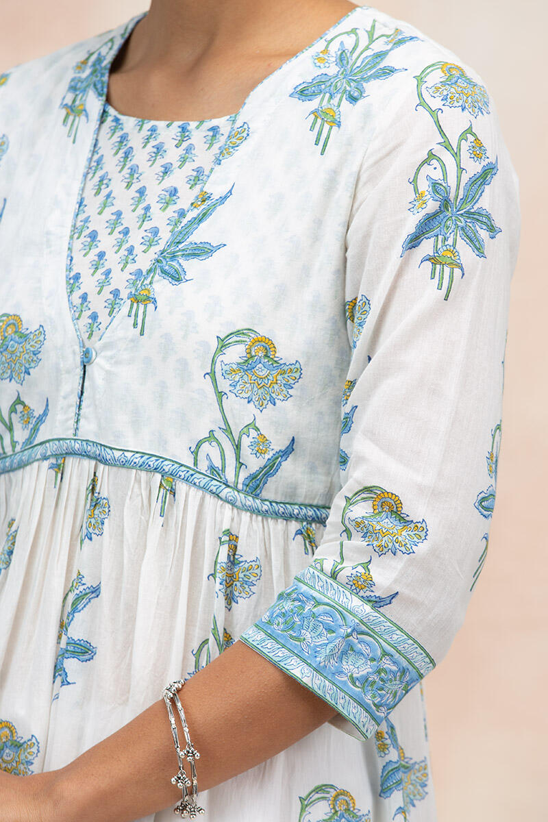 White Block Printed A-Line Cotton Kurta