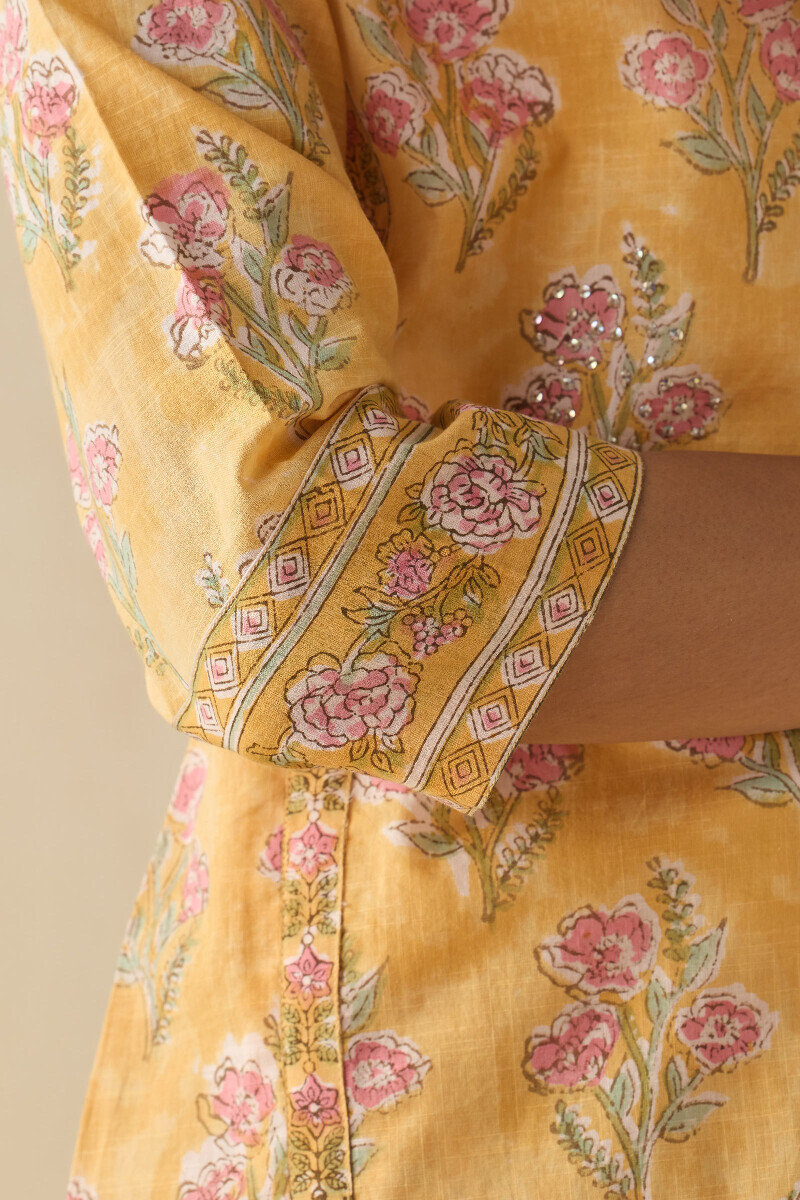 Yellow Hand Block Printed Straight Cotton Slub Kurta