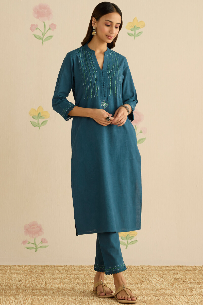 Navy Blue Handcrafted Straight Gauze Slub Kurta
