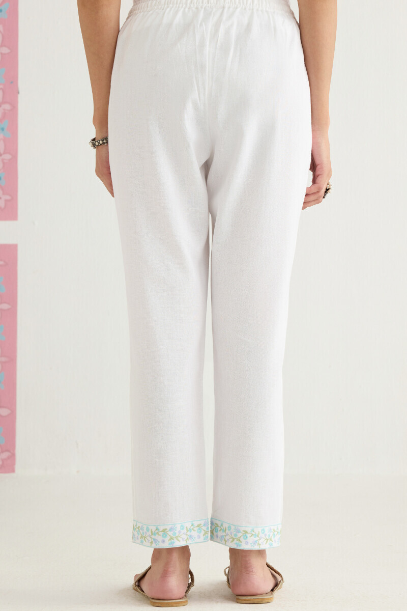 White Handcrafted Cotton Flax Narrow Pants