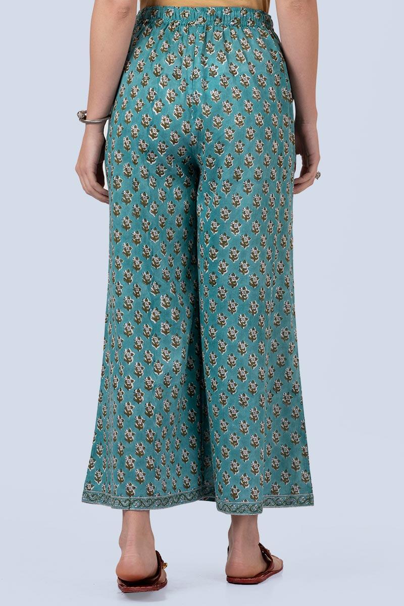 Green Block Printed Cotton Palazzo