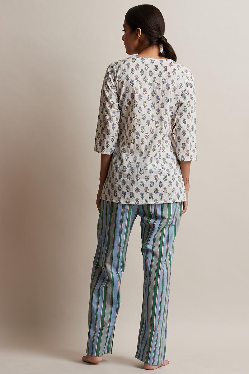 White Block Printed Cotton Nightsuit