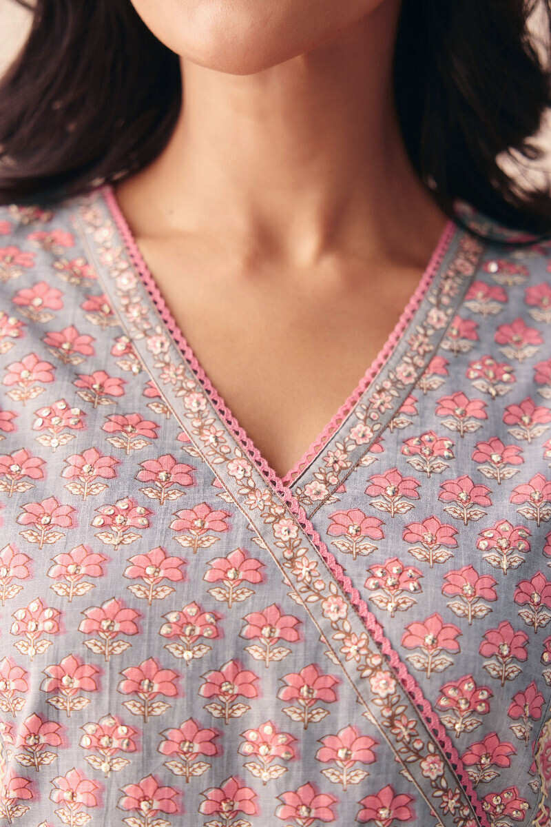 Grey Hand Printed Straight Cotton Slub Kurta