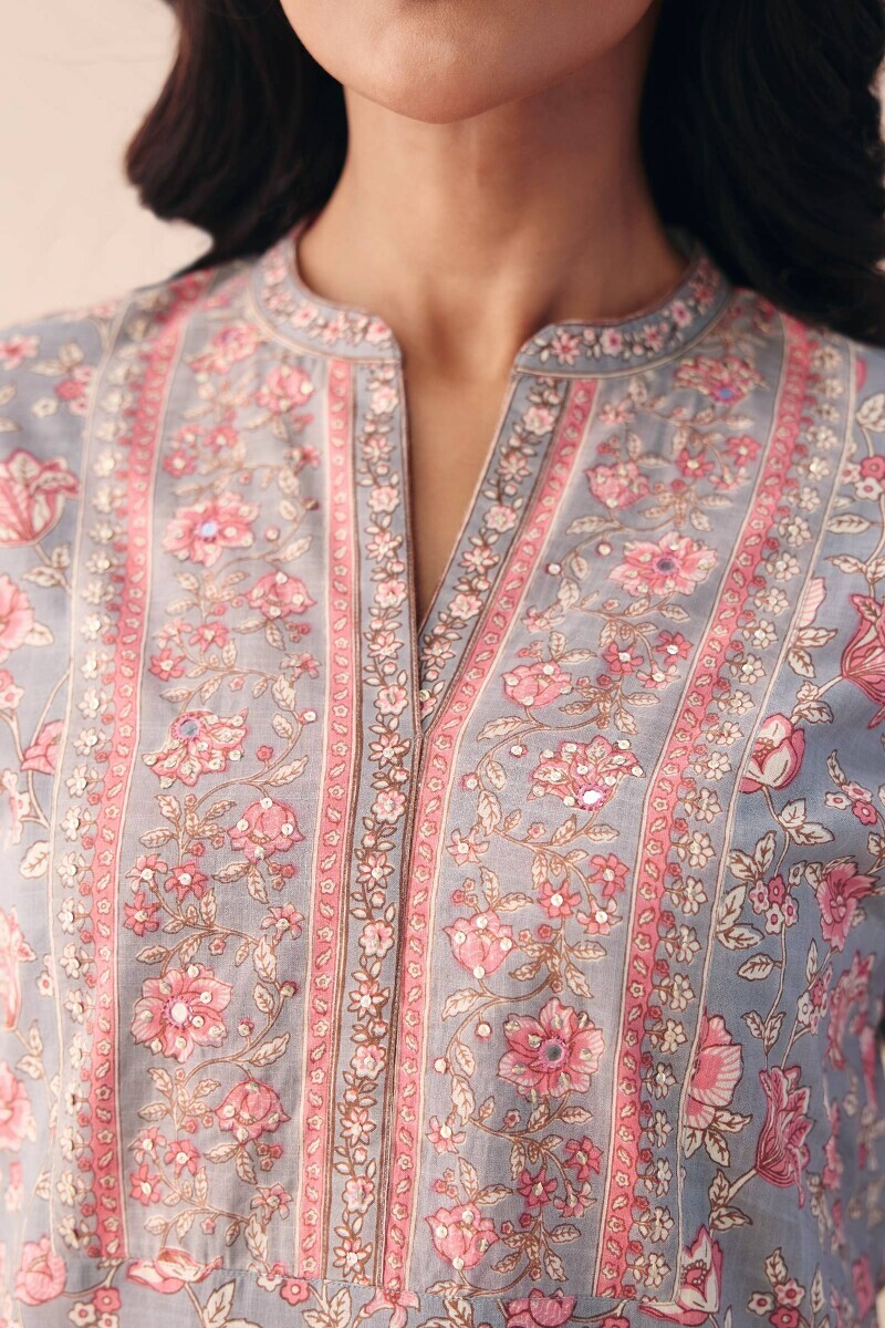 Grey Hand Printed Straight Cotton Slub Kurta