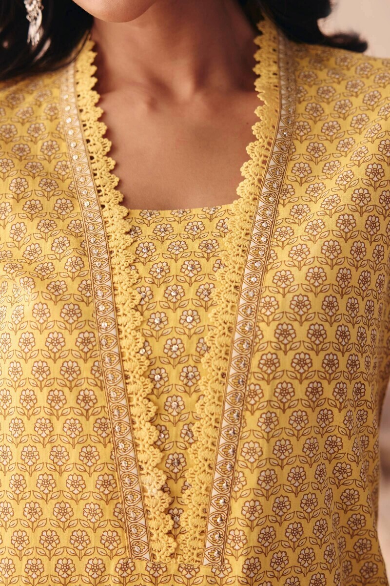 Yellow Hand Printed Straight Cotton Kurta