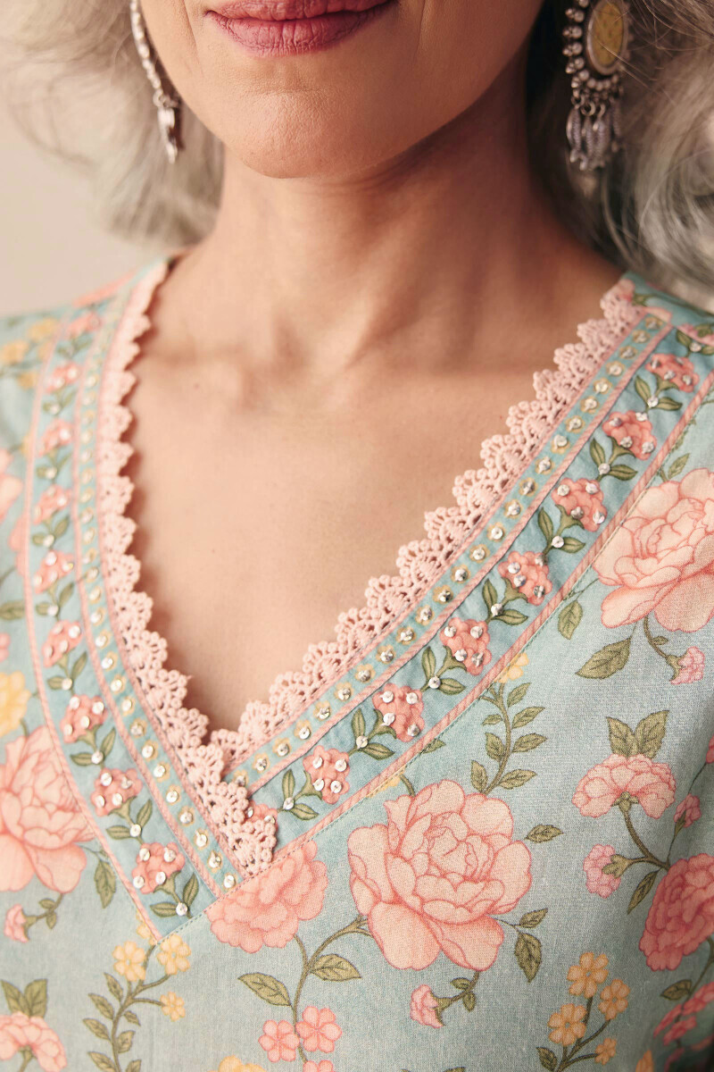 Blue Printed Straight Cotton Kurta