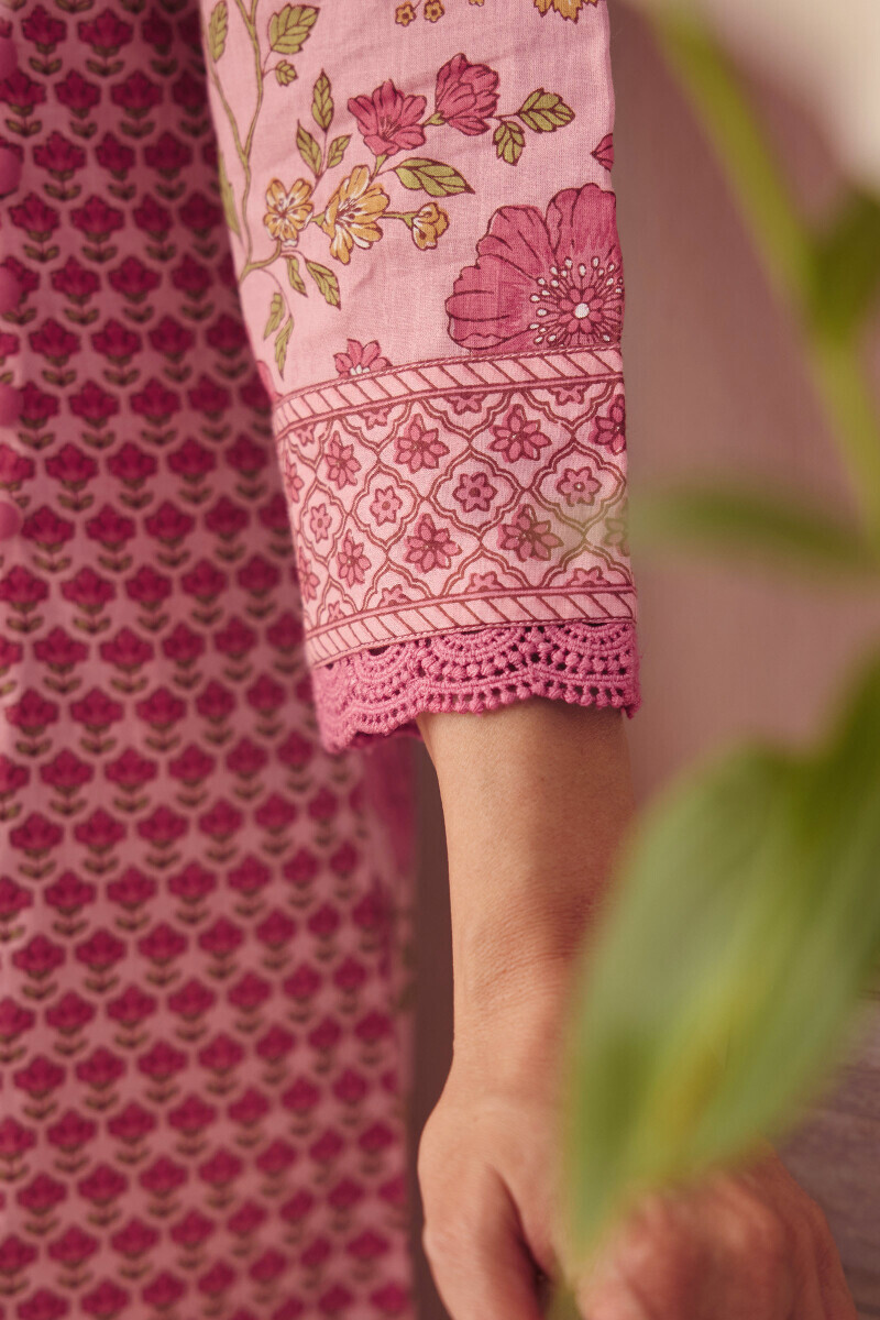 Pink Hand Printed Angrakha Cotton Kurta