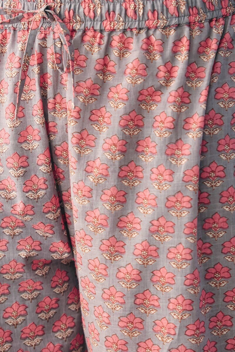Grey Hand Printed Cotton Slub Izhaar Pants