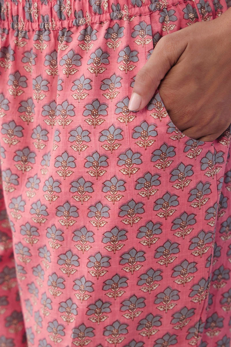 Pink Hand Printed Cotton Slub Narrow Pants