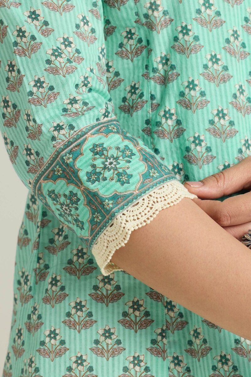 Blue Hand Printed Angrakha Cotton Dobby Kurta