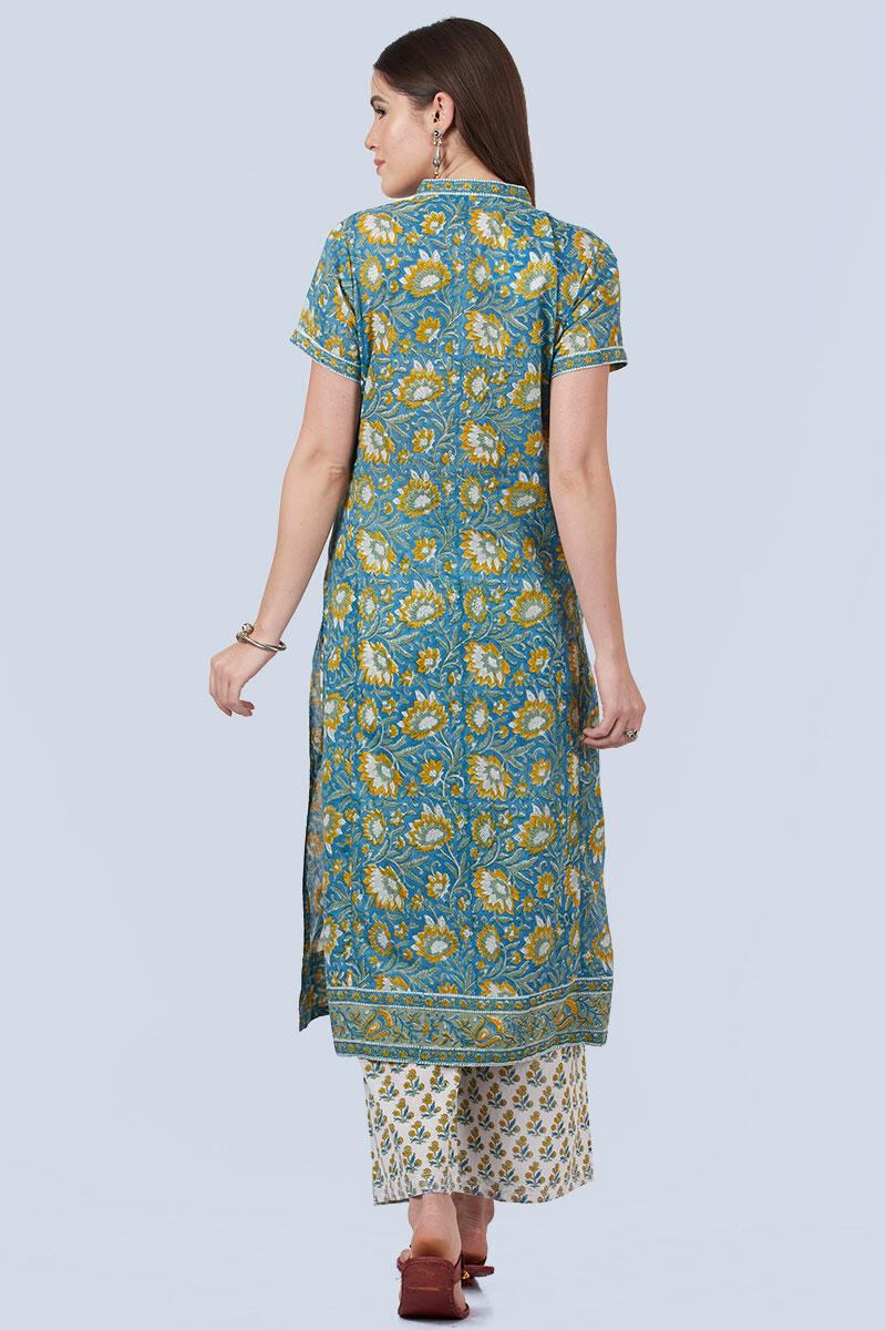 Blue Block Printed Straight Cotton Kurta