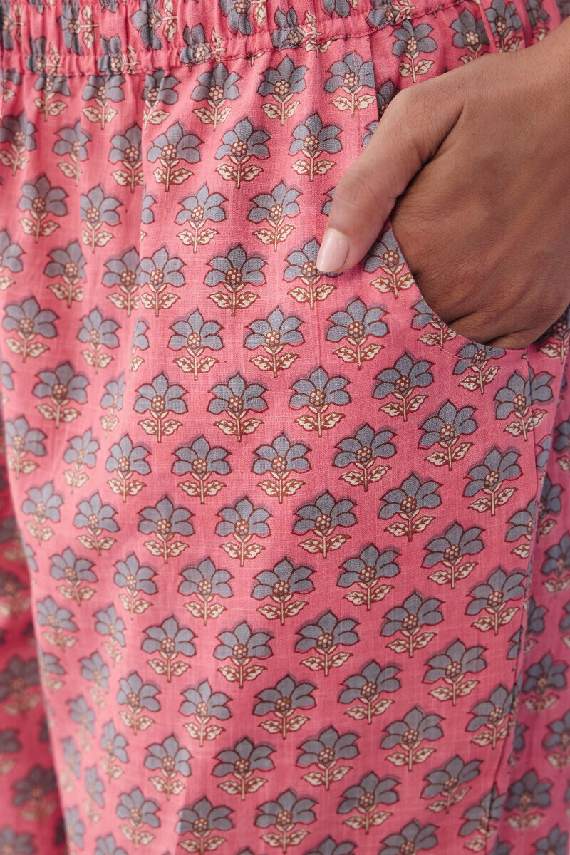 Pink Hand Printed Cotton Slub Narrow Pants