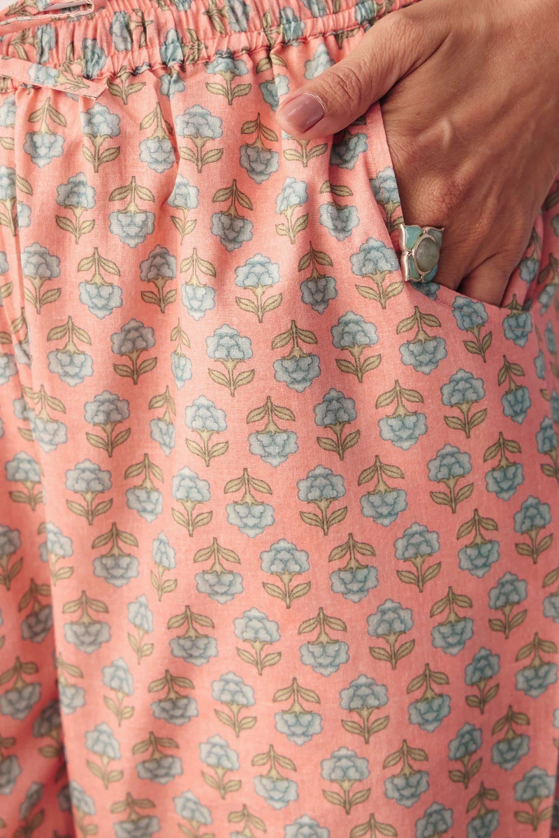 Pink Printed Cotton Narrow Pants