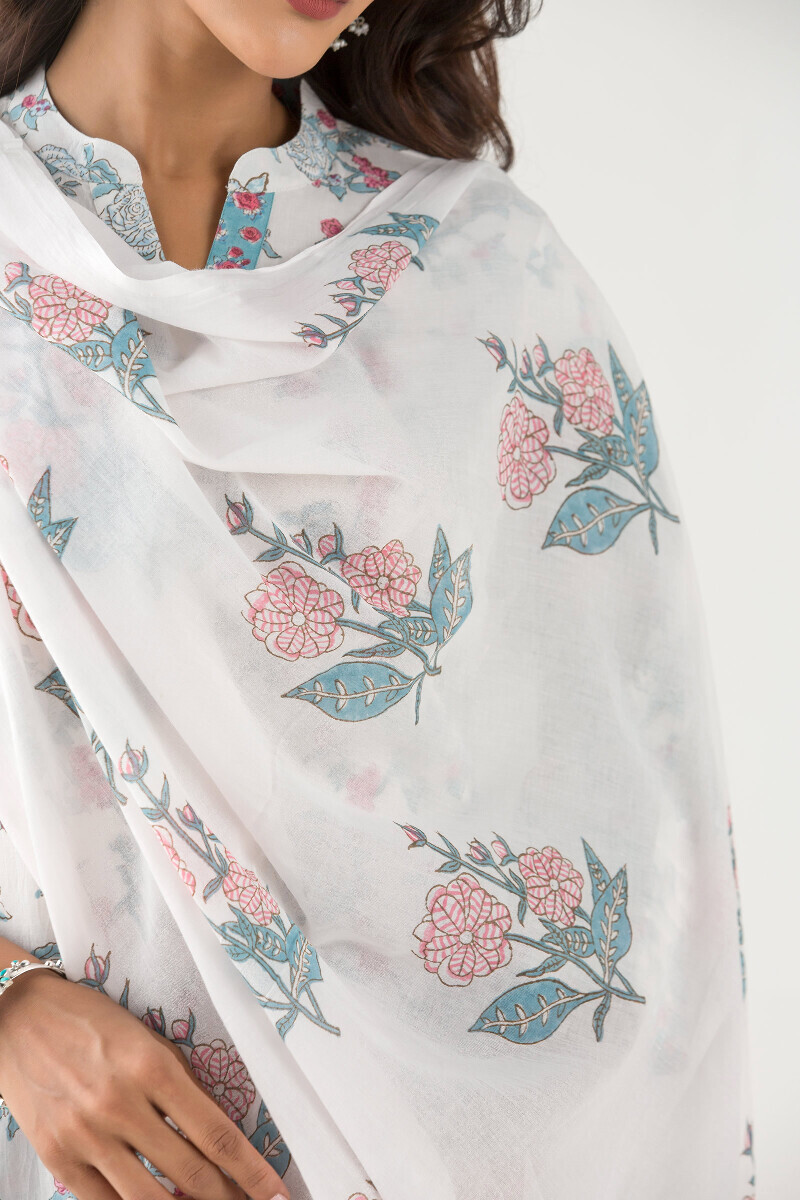 White Block Printed Cotton Dupatta