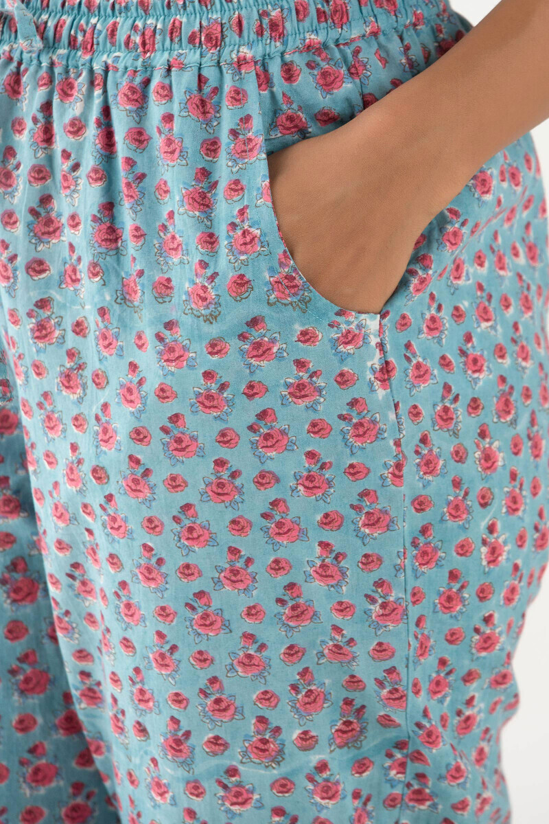 Turquoise Block Printed Cotton Narrow Pants