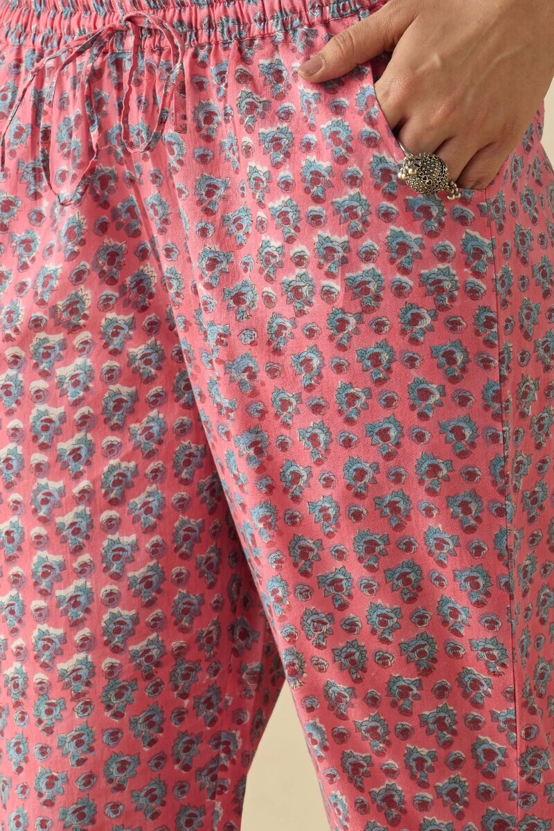 Pink Hand Block Printed Cotton Narrow Pants