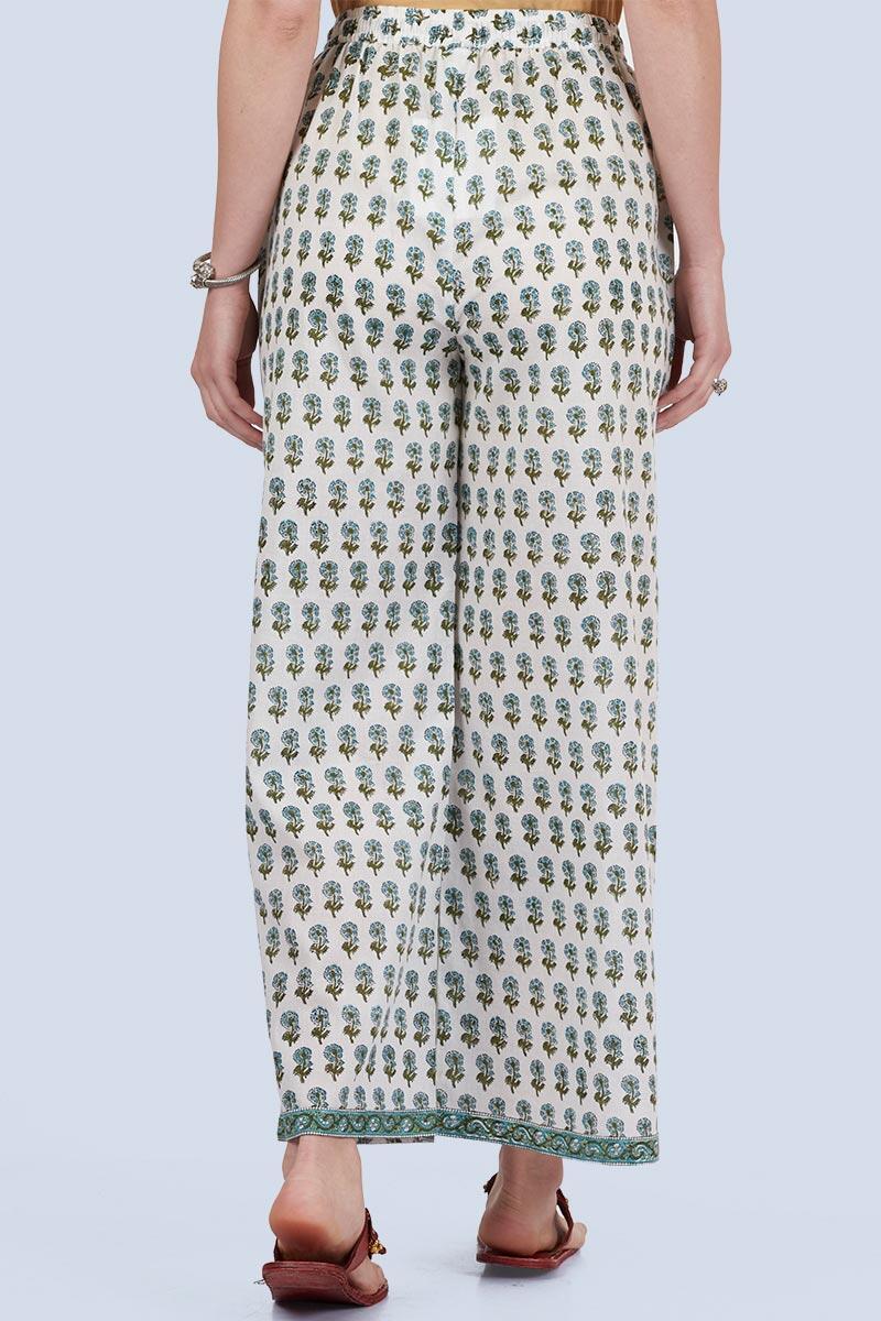 White Block Printed Cotton Farsi Pants