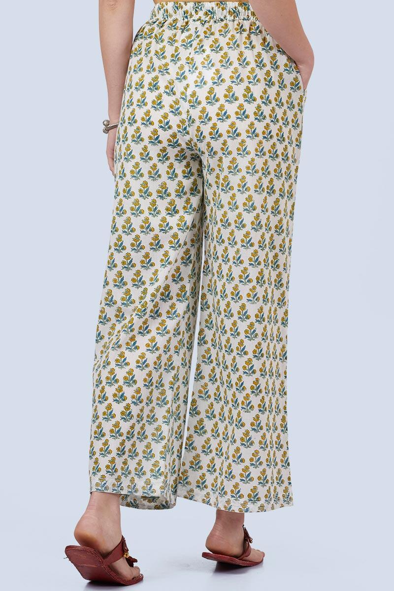 Blue Block Printed Cotton Farsi Pants