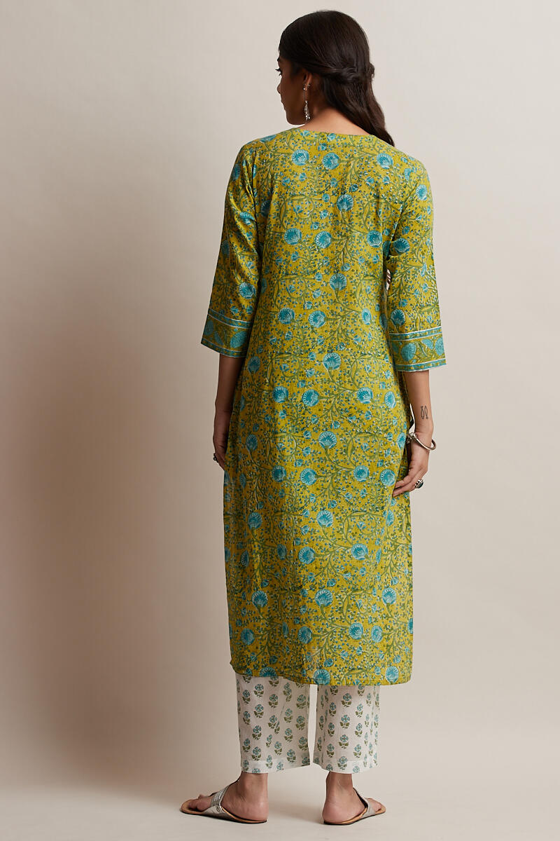 Green Block Printed Straight Cotton Kurta