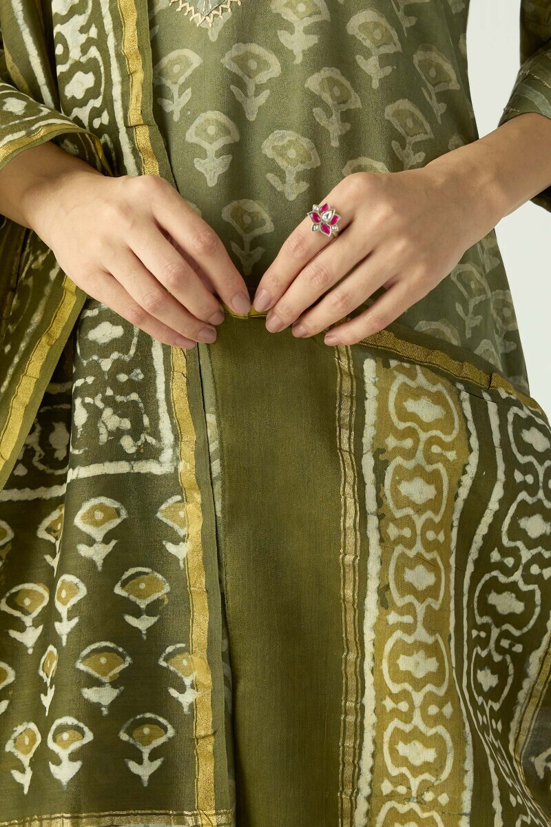 Green Hand Block Printed Chanderi Dupatta