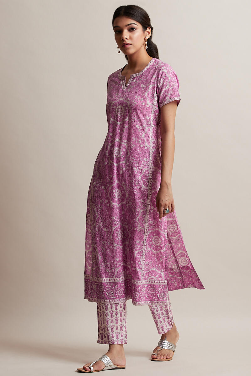 Pink Block Printed Straight Cotton Kurta