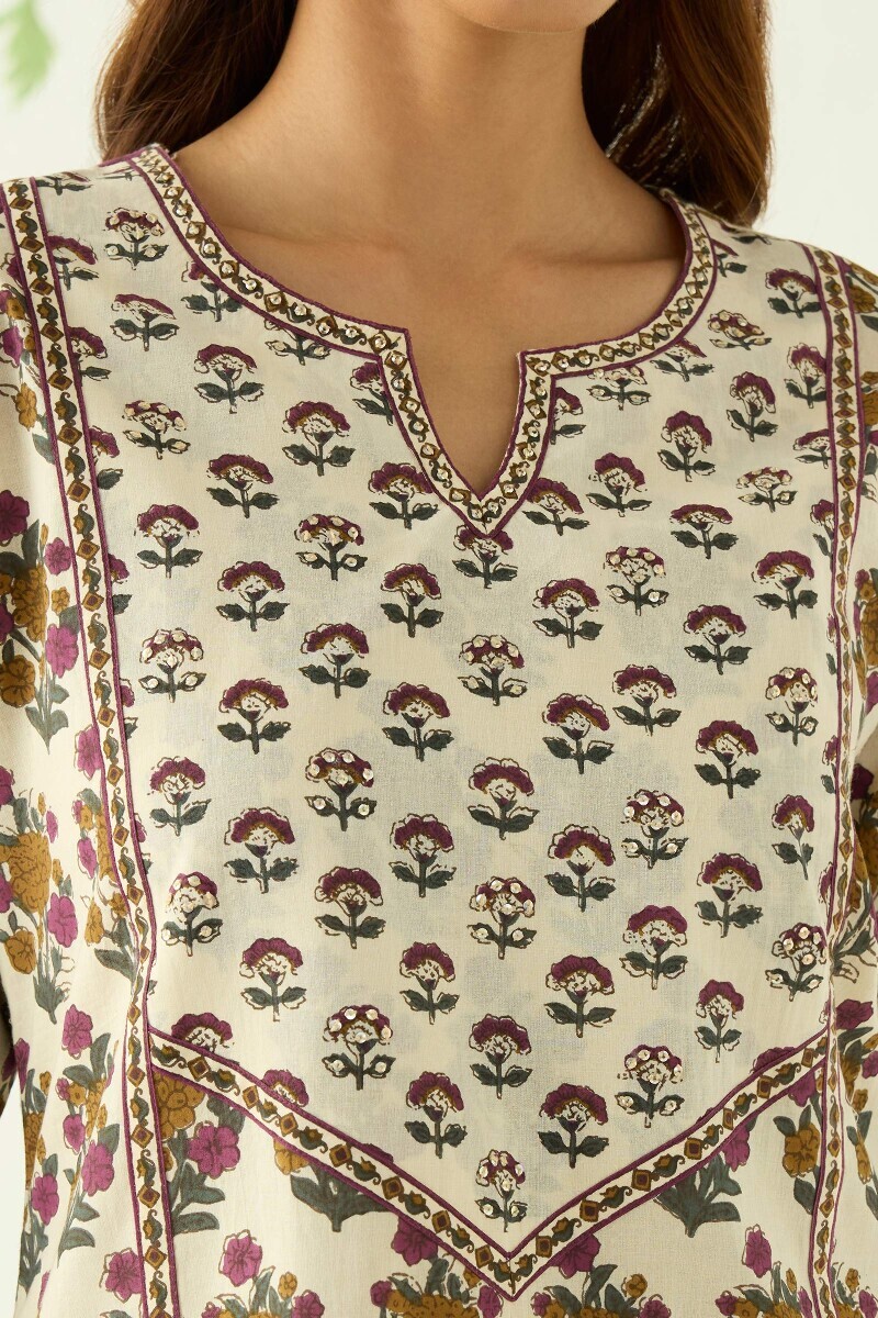 Cream Hand Printed Straight Cotton Kurta