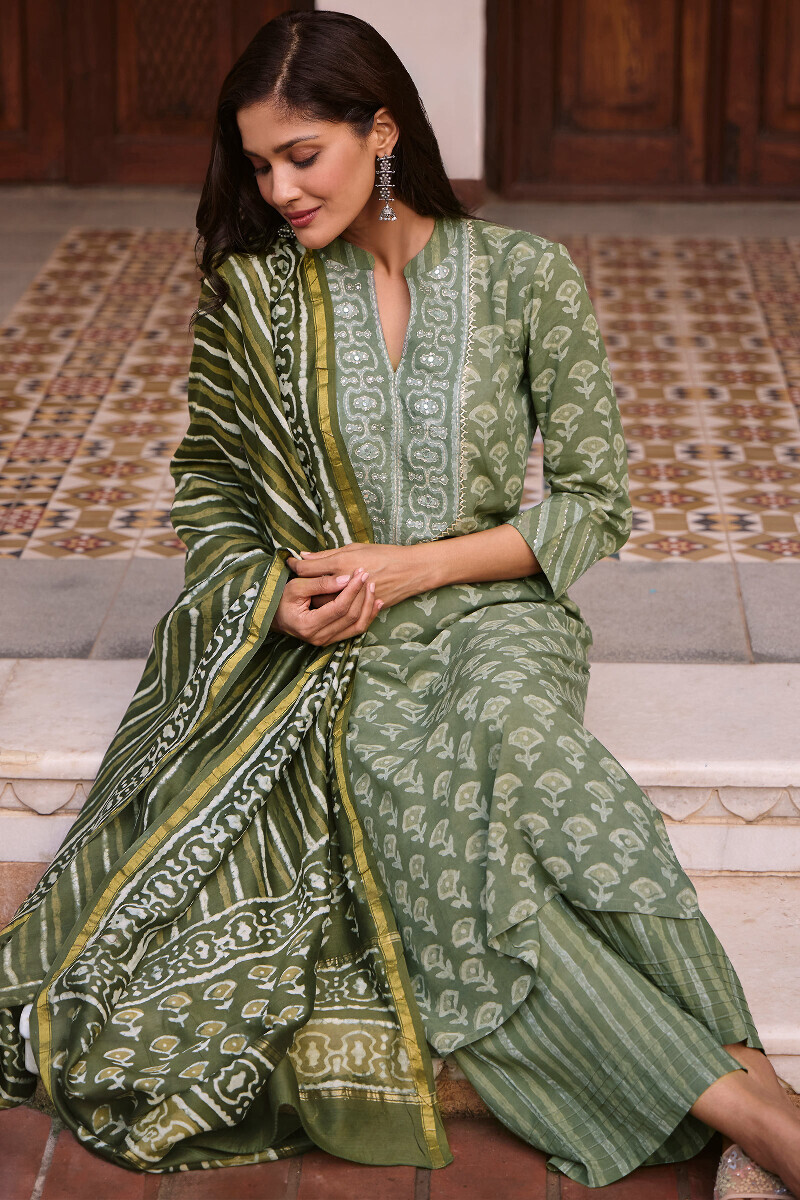 Green Hand Block Printed Straight Modal Kurta