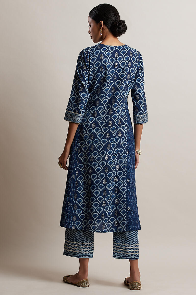 Indigo Block Printed Straight Cotton Kurta