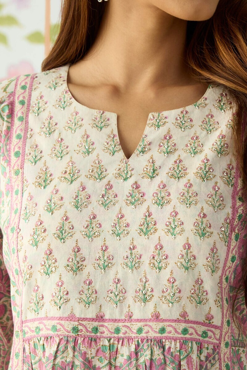 Pink Hand Block Printed A-Line Cotton Kurta