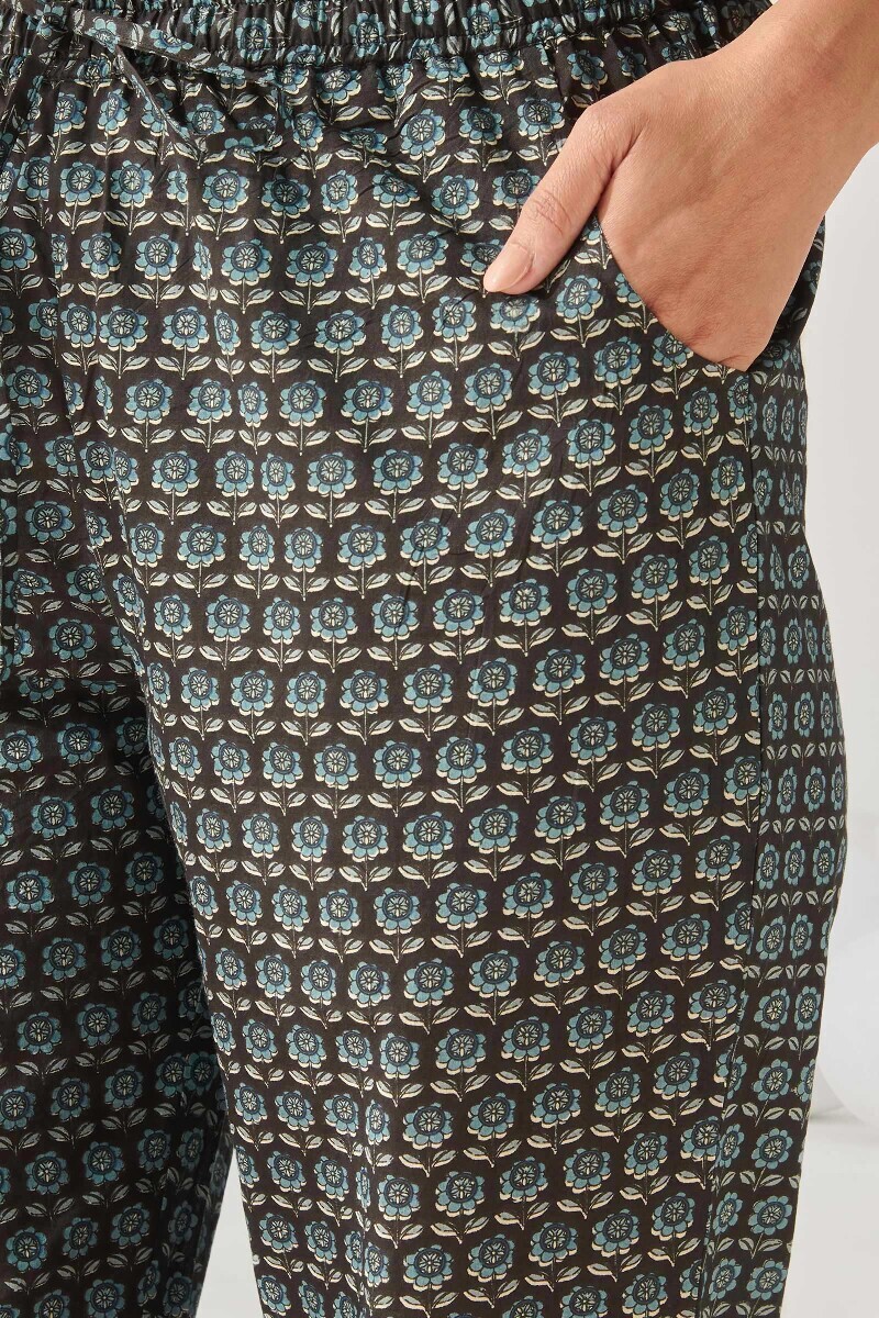 Black Hand Printed Cotton Narrow Pants
