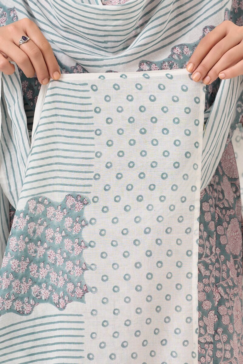 Blue Block Printed Cotton Dupatta