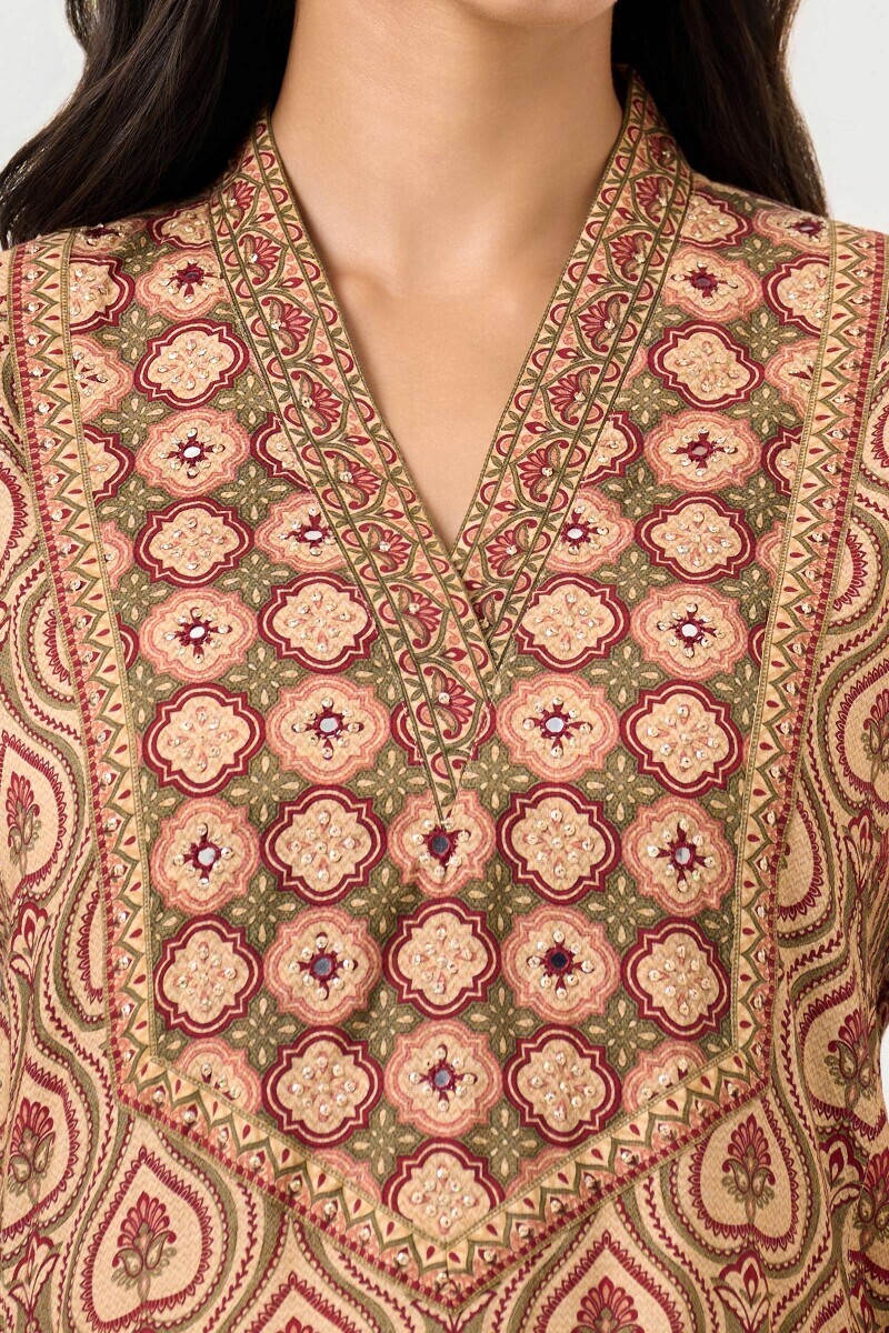 Beige Printed Straight Cotton Kurta