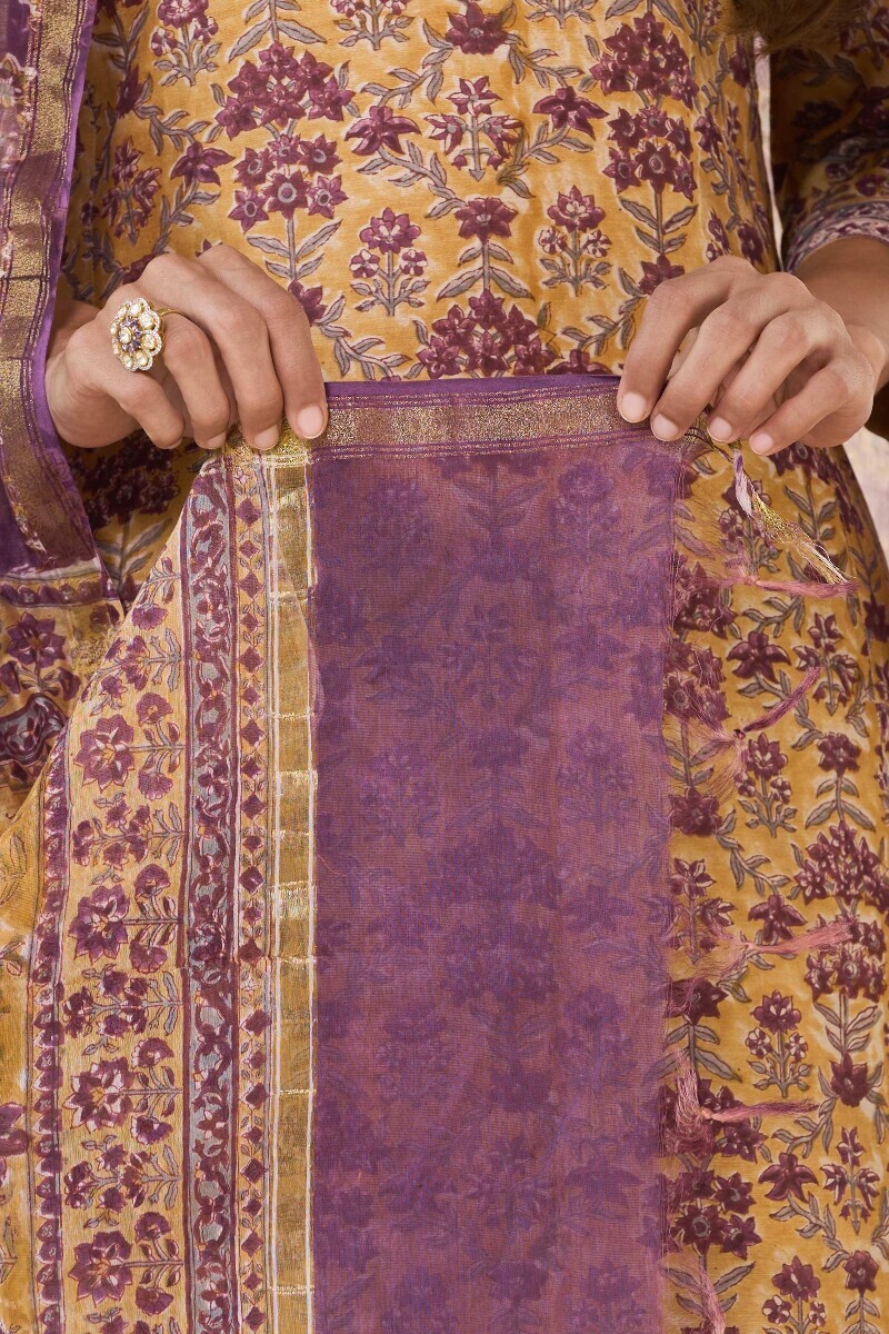 Purple Hand Block-Printed Chanderi Dupatta