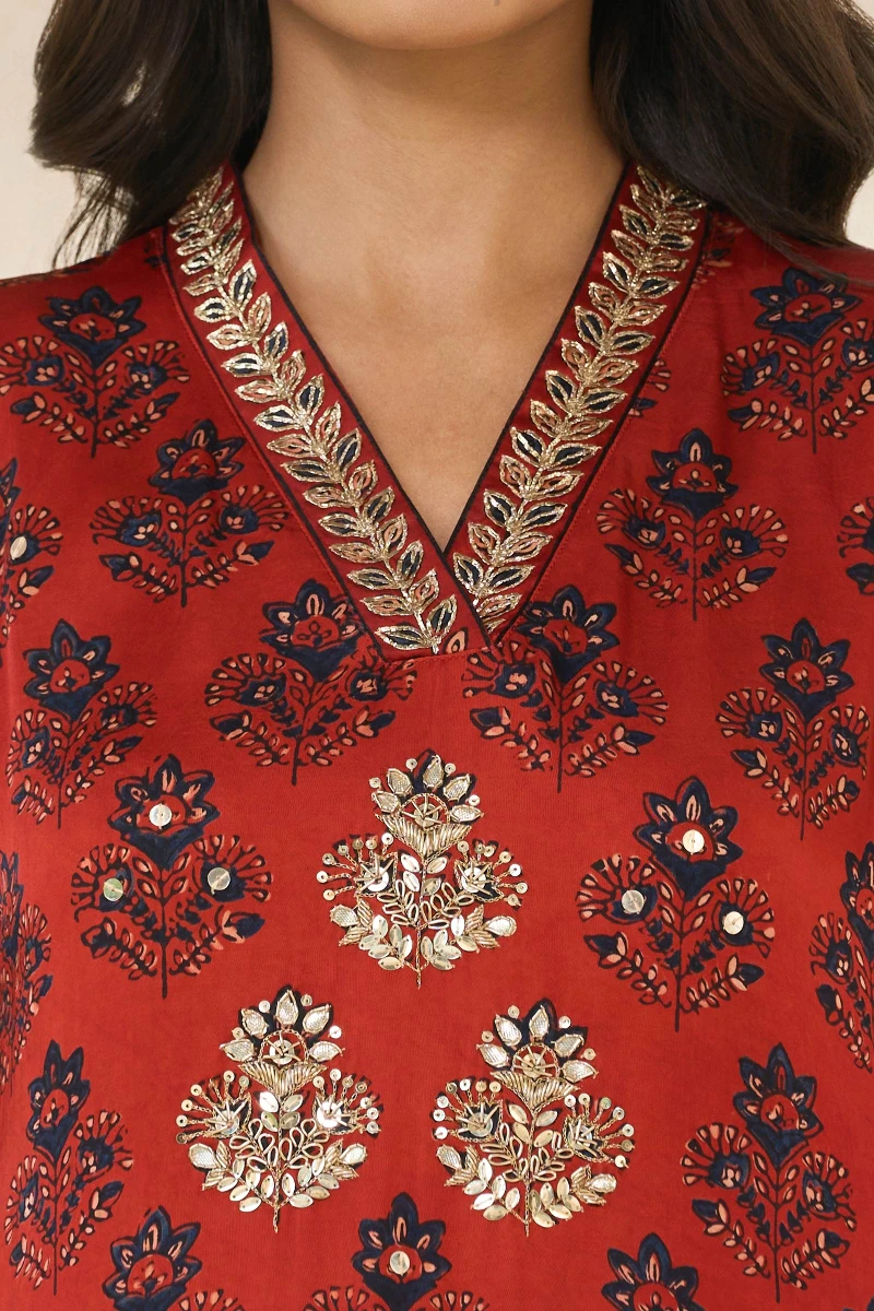Ajrakh Hand Block-Printed Straight Modal Kurta
