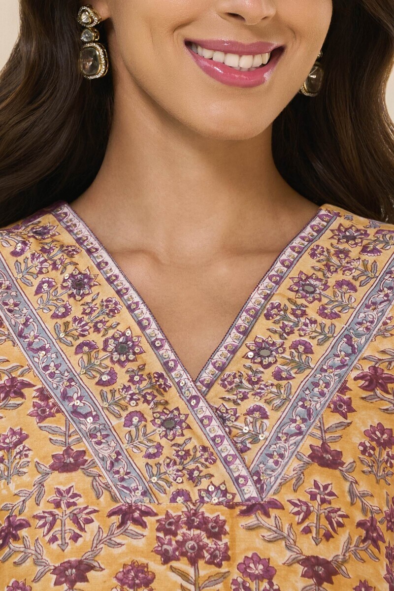 Yellow Hand Block-Printed Straight Chanderi Kurta