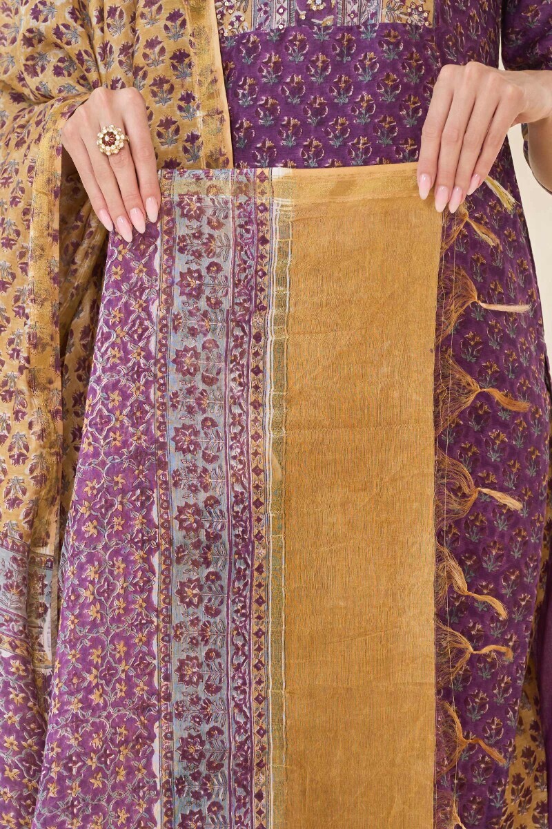 Yellow Hand Block-Printed Chanderi Dupatta