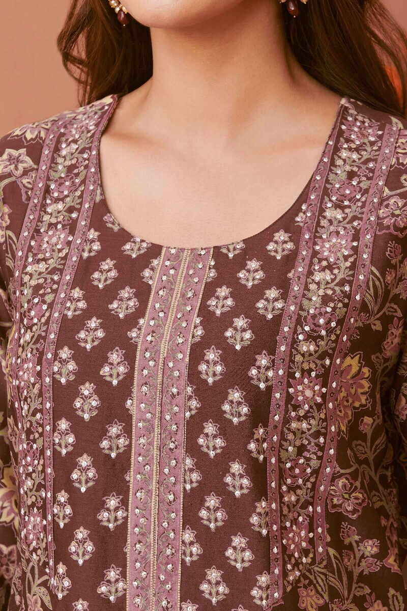 Brown Hand Block-Printed Straight Chanderi Kurta