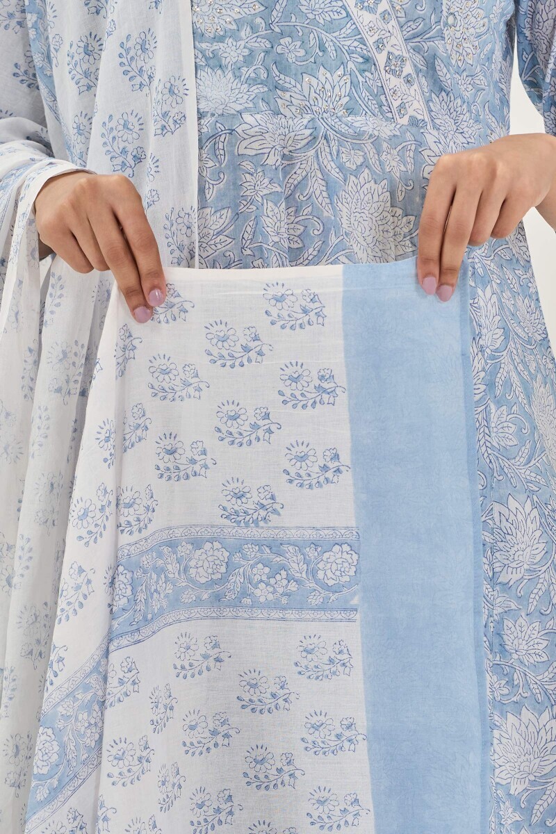 White Hand Block-Printed Cotton Dupatta